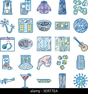 Vielfältige Sammlung farbenfroher Symbole im Doodle-Stil, die verschiedene Objekte, Konzepte und Themen aus dem Alltag illustrieren, einschließlich Technologie, Essen, h Stock Vektor