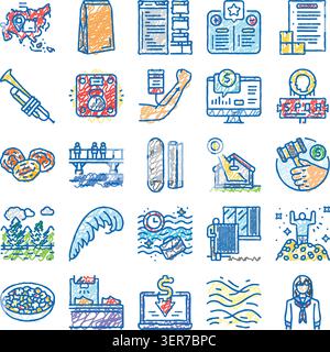Handgezeichnete Symbole mit Kritzelskizzen, die eine breite Palette von Themen illustrieren, von Finanzen und Technologie bis hin zu Natur, Essen und Bildung, ideal für vielfältige Projekte Stock Vektor