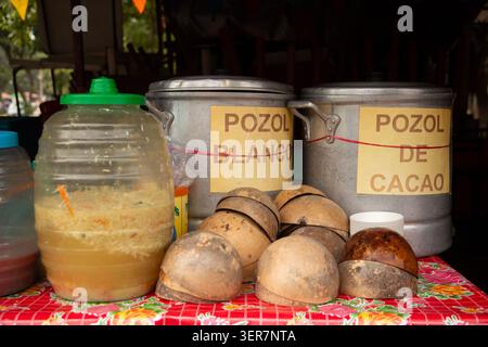 Pozol ist ein traditionelles, prähispanisches Getränk aus dem mexikanischen Bundesstaat Chiapas, das aus fermentiertem Maisteig und Kakao hergestellt wird. Stockfoto