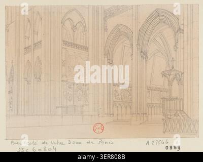 Eine architektonische Zeichnung zeigt das Seitenschiff der Kathedrale Notre-Dame in Paris auf der Île de la Cité, wobei der Schwerpunkt auf den inneren strukturellen Rhythmus, die Säulen und die räumliche Artikulation im 4. Bezirk von Paris liegt. Stockfoto