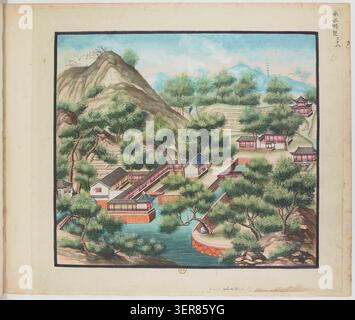 Eine westliche Zeichnung präsentiert Shuimu Mingse als eine wasserorientierte Pavillonszene in den kaiserlichen Gärten von Yuanming Yuan in Peking um 1750, die Landschaftsarchitektur der Qing-Dynastie reflektiert, interpretiert durch die europäische Reproduktion von Palastgartenbildern des 18. Jahrhunderts. Stockfoto