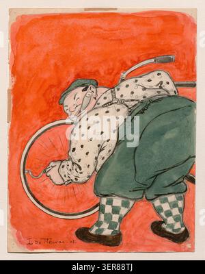 Illustration von Louis de Fleurac präsentiert einen Radfahrer, der sich im Wettkampf engagiert, wobei Reifen, Bewegung und Ausdauer innerhalb der frühen Olympiazeit des Radsports betont werden und strukturierte Illustrationstraditionen des frühen 20. Jahrhunderts widerspiegeln. Stockfoto