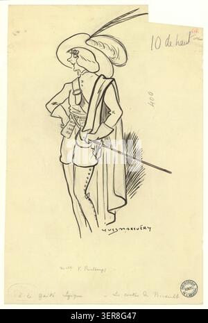 Yvonne Printemps tritt 1913 in einer Pariser Theaterproduktion von Les contes de Perrault im Théâtre de la Gaîté auf, die in einer Bühnenzeichnung von Yves Marevéry gezeigt wird, die lyrische Fantasy-Opernaufführung und Kostümgestaltung illustriert. Stockfoto