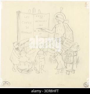 Yvonne Printemps wird 1913 in einer Pariser Inszenierung von Perrault-Geschichten im Théâtre de la Gaîté gezeigt, illustriert in einer Theaterzeichnung von Yves Marevéry, die Fantasy-Operninszenierung und französisches Bühnenbild des frühen 20. Jahrhunderts widerspiegelt. Stockfoto