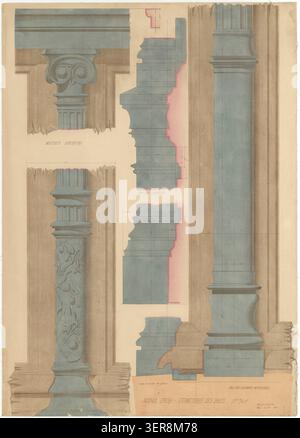 Die Schließung der Buchten im Galeriebereich zeigt die strukturelle Behandlung von Öffnungen, Säulenbasen und oberen Stützen innerhalb der Pariser Opernarchitektur, die von Charles Garnier 1865 entworfen wurde, mit dem Schwerpunkt auf der Fassadenausrichtung und dem strukturellen Galeriesystem des Zweiten Reiches Stockfoto