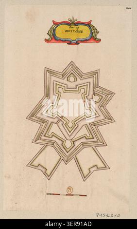 Die Handschriftenzeichnung zeigt die sternförmige Festung Bourtange in den Niederlanden mit geometrischen Bastionen, Verteidigungsmauern und umliegenden nassen Grabensystemen, die in einer militärischen Vermessung des 17. Jahrhunderts dokumentiert wurden. Stockfoto