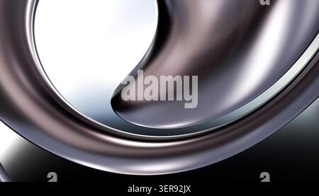 Abstrakter 3D-Glasrendering mit einem glatten metallischen Wirbel und reflektierenden Kurven, die eine moderne Minimalkomposition auf einem klaren Hintergrund mit Farbverlauf bilden. Stockfoto