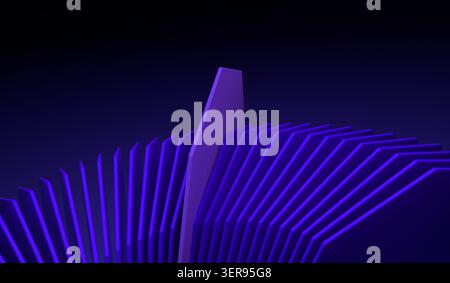 Ein abstraktes Bild mit einer Reihe geometrischer Formen, die in einem fächerähnlichen Muster ausgerichtet sind. Die violette Beleuchtung betont die Kanten und sorgt für ein auffälliges, mu Stockfoto