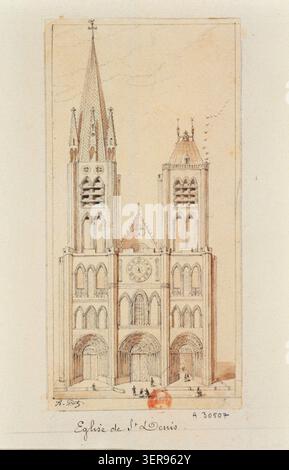 Die Basilika Saint-Denis in seine-Saint-Denis wird durch eine Fassadenstudie dargestellt, die ihre gotische Struktur und Rolle als königliche Nekropole betont und das mittelalterliche kirchliche Erbe und die architektonische Analyse in der Region Paris widerspiegelt. Stockfoto