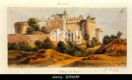 Eine Zeichnung zeigt die Château de Ham in der Somme von der Straße nach Flandern aus gesehen, die befestigte mittelalterliche Bauten und die umliegende Landschaft in einer Landschaftskomposition aus dem Jahre 1820 mit Verteidigungsarchitektur und ländlichen Zufahrtswegen präsentiert Stockfoto
