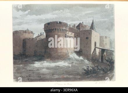 Château de Ham in der Somme ist in einer Zeichnung aufgezeichnet, die seine mittelalterliche Wehrarchitektur, historisch eine Festung und ein Gefängnis, in der nordfranzösischen Picardie-Landschaft präsentiert. Stockfoto