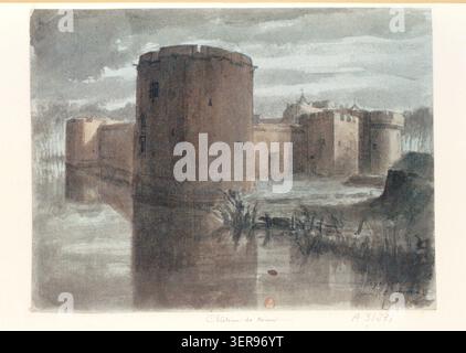 Eine detaillierte architektonische Zeichnung zeigt Château de Ham, der sich über der Somme-Landschaft in Nordfrankreich erhebt, wo mittelalterliche Festungsmauern, Türme und Verteidigungsmauern eine strategische Festung aus dem Jahr 1859 definieren. Stockfoto