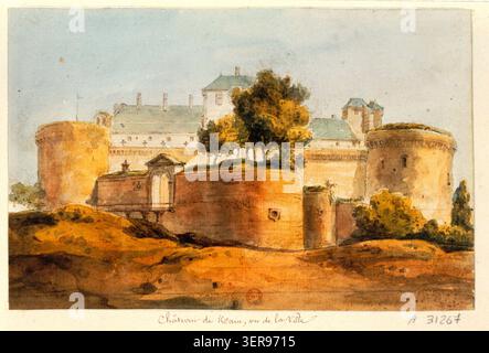 Die Château de Ham ist von der Stadtseite aus in einer Zeichnung aus dem Jahr 1821 zu sehen, in der Festungsmauern und Burganlagen die Landschaft von Ham in der französischen Somme dominieren, was die Verteidigungsarchitektur und die herausragende Stellung innerhalb der Siedlung unterstreicht. Stockfoto