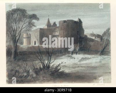 Steinmauern und Türme der Château de Ham ragen über die Somme-Landschaft, wo H. Peyronnet die mittelalterliche Burg mit umliegendem Gelände in einer detaillierten Zeichnung der nordfranzösischen Verteidigungsarchitektur und Flusslandschaft aus dem Jahr 1859 darstellt. Stockfoto