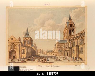 Blick auf den Place Saint-Pierre in Soissons zeigt einen Marktplatz, der von der Kirche Saint-Pierre-au-Parvis und angrenzenden Abteistrukturen im Departement Aisne begrenzt wird, die in einer Zeichnung der städtischen Picardie aus dem 18. Jahrhundert aufgenommen wurden. Stockfoto