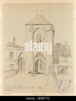 Jules-Adolphe Chauvet zeichnete 1893 das Eingangstor von Moret-sur-Loing auf der Loing-Brücke. In der Komposition wird die Porte de Bourgogne als Hauptmerkmal der Stadt aufgezeichnet und in eine Umgebung aus dem 19. Jahrhundert eingeordnet. Stockfoto