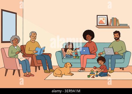 Die vielseitige, generationsübergreifende Familie genießt ein Abendritual zu Hause: Großeltern entspannen sich, Eltern arbeiten auf Laptops, Kinder bauen Bausteine und spielen mit einem Hund Stockfoto
