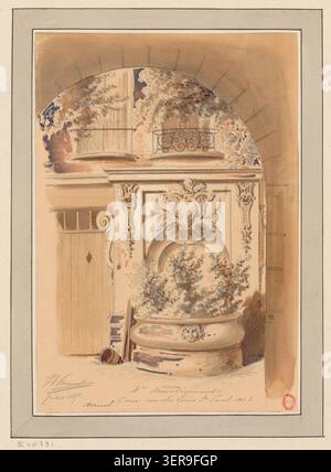 Eine Zeichnung dokumentiert die Cour Rue des Lions Saint Paul Nummer 3 in Paris im 4. Arrondissement im Jahr 1887 und zeigt eine geschlossene Innenhofgebäude im historischen Saint-Paul-Viertel mit eng gruppierten Wohnstrukturen, die typisch für das Pariser Zentrum des späten 19. Jahrhunderts sind Stockfoto