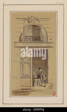 Jules-Adolphe Chauvet zeichnete den bemerkenswerten Eingang der Rue Quincampoix 14 in Paris. Die Arbeit konzentriert sich auf ein architektonisches Merkmal innerhalb des historischen Stadtgefüges und ist Teil einer Bestandsaufnahme der bebauten Umgebung der Stadt aus dem 19. Jahrhundert. Stockfoto
