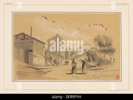 Jules-Adolphe Chauvet zeichnete 1893 die Rue du Pot au Lait an der Schlucht des Place de Rungis in Paris. Der Eingang zum Chemin de fer de Ceinture befindet sich auf der rechten Seite und dokumentiert einen Teil des dreizehnten Arrondissements. Stockfoto