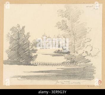 Jules-Adolphe Chauvet zog 1888 den Eingang zum Parc de Montsouris von der Rue Nansouty in Paris. Die Zeichnung zeichnet einen Zugangspunkt zum öffentlichen Park im 14. Arrondissement auf und trägt zu einer Untersuchung der Landschaftsgärten der Stadt bei. Stockfoto