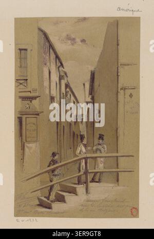 Eine Straßendurchfahrt im Viertel Buttes Chaumont des 19. Arrondissements ist entlang der Rue de la Villette in der Nähe der Rue Botzaris aufgezeichnet, die 1892 eine städtische Pariser Umgebung innerhalb von Wohnstraßen und Verkehrswegen darstellt. Stockfoto