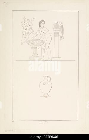 Die kampanische Hydria mit rotfiguriger Dekoration zeichnet eine Frau auf ihrer Toilette in einer archäologischen Zeichnung aus griechischen Vasenstudien aus dem Jahr 1814 auf, die mit der Sammlung Caroline Murat assoziiert ist, und dokumentiert weibliche Vorbereitungsszenen innerhalb klassischer Keramikikonographie und sozialer Ritualbilder. Stockfoto