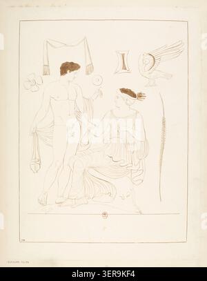 Eine archäologische Zeichnung zeigt eine griechische rotfigurige Vase, die einen jungen Mann neben einer sitzenden Frau zeigt und klassische Keramikikonographie innerhalb der antiken Studien des frühen 19. Jahrhunderts über griechische Keramiksammlungen dokumentiert Stockfoto