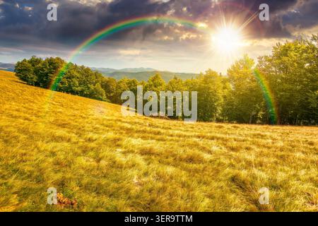 Sonnenuntergang über karpaten. Blick auf die Landschaft im Sommer mit Tal hinter dem Wald auf dem Hügel. Wolken am Himmel. Reise bac Stockfoto