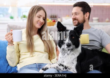 Glückliches Paar trinkt Kaffee und ruht sich mit seinem Hund zu Hause auf dem Sofa aus, selektiver Fokus Stockfoto
