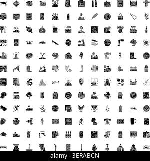 Große Auswahl an detaillierten Symbolen für schwarze Glyphen, die abstrakte Konzepte, Geschäftsobjekte, Technologiesymbole und Alltagsgegenstände auf einem Clean darstellen Stock Vektor