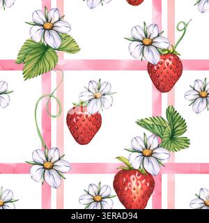 Nahtloses Muster aus saftigen Erdbeeren auf einem rosa gestreiften Hintergrund. Botanisches Ornament aus Reifen roten Beeren, weißen Blüten und grünen Blättern. Streifen Stockfoto