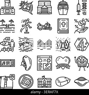 Verschiedene Piktogramme für Unternehmen, Reisen, Freizeit, Natur, Bildung, und Technologiekonzepte, geeignet für modernes Design PR Stock Vektor