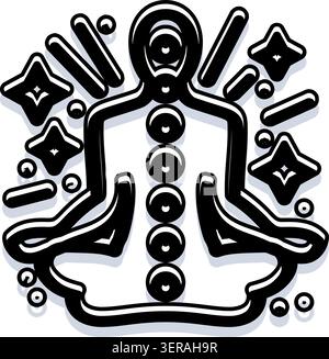 Person, die in Lotusposition sitzt, Energie ausstrahlt und sieben Chakra-Punkte entlang der Wirbelsäule zeigt, ein Konzept von spirituellem Gleichgewicht, Wellness und mi Stock Vektor