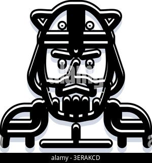 Wikinger-Kriegerkopf mit gehörntem Helm und Vollbart, stilisiertes Cartoonprofil, das Stärke, Mut und altes nordisches Erbe weckt, markante Umrisse Stock Vektor
