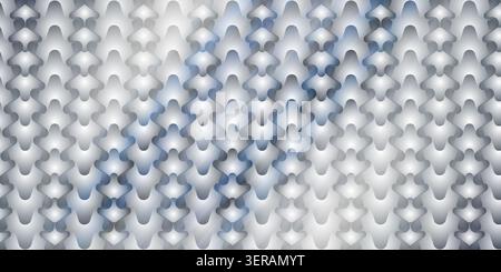 Ein heller, sauberer abstrakter Hintergrund mit einem sich wiederholenden Muster mit metallischem Silberfinish und dezenten blauen Farbverläufen. Stockfoto