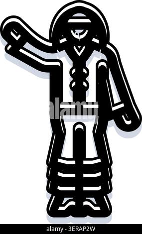 Die stilisierte Charakterfigur zeigt eine Person in einem traditionellen Trachtenkostüm mit mehrlagiger Kleidung, die einen Arm hochhebt und bereit für die Feier und Bewegung ist Stock Vektor