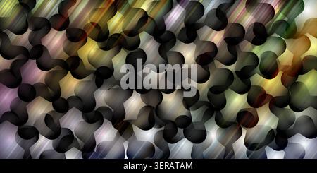 Ein abstraktes Design mit einem sich wiederholenden Muster dunkler, abgerundeter Formen auf einem lebendigen, mehrfarbigen Hintergrund mit diagonalen hellen Streifen. Stockfoto