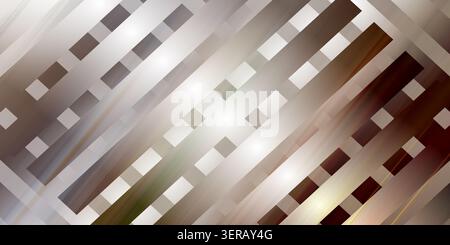 Ein abstrakter Hintergrund mit einem diagonalen Gittermuster mit metallischen Silber- und Brauntönen, verstärkt durch helle Lichtreflexionen und weiche Verläufe Stockfoto