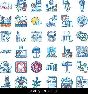 Vielfältige Sammlung von Farbbleistiften im Skizzenstil Line Art Icons, die verschiedene Themen wie Gesundheit, Wirtschaft, Industrie, Logistik, Lifestyle, Stock Vektor