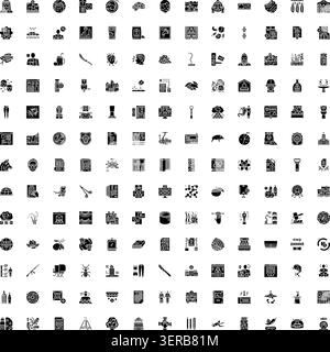 Große Sammlung verschiedener monochromer Glyphicons, die verschiedene Konzepte, Objekte und Aktivitäten für das Design der Benutzeroberfläche und Infografik darstellen Stock Vektor