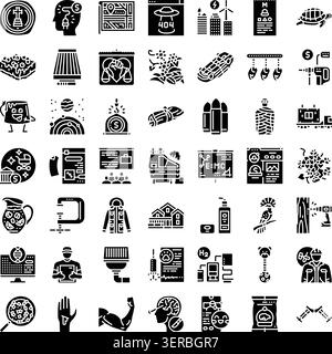 Große Sammlung von verschiedenen monochromen Glyphicons, die Konzepte und Objekte in Bezug auf verschiedene Bereiche wie Daten, Umgebung, Gesundheit, educ darstellen Stock Vektor