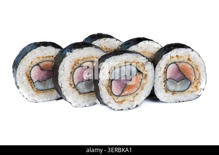Gerösteten Brötchen mit verschiedene Arten von Fisch auf weiß Stockfoto