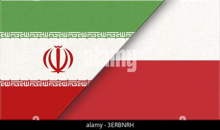 Doppelflagge von Iran und Polen auf Stoffstruktur. Flagge des Iran und Polens – 3D-Illustration. Iranische und polnische Flagge in einem. Beziehungen zwischen Iran und Polen. Stockfoto