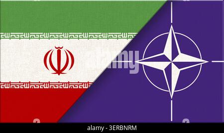 Doppelflagge von Iran und NATO auf Textur. Iranische und NATO-Flagge. Flagge des Iran und der NATO – 3D-Illustration. Zwei Flaggen zusammen auf Stoffstruktur. I Stockfoto