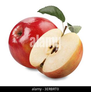 Roter Apfel mit grünem Blatt und Scheibe isoliert auf weißem Hintergrund Stockfoto