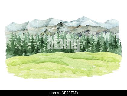 Wasserfarben Berglandschaft mit Kiefernwald und grasbewachsener Wiese, handgezeichnetem botanischen Clipart, natürliche malerische Kulisse isoliert auf weißem Hintergrund Stockfoto