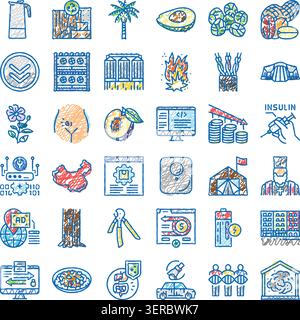 Verschiedene Symbole für die Zeichnung von Zeichenstiften, die Konzepte wie Technologie, Lebensmittel, Logistik, Medizin, Umwelt, und finanziell Stock Vektor