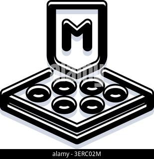 Isometrie mit Schild mit dem Buchstaben m und einem Raster aus kreisförmigen Elementen, die ein modernes und klares schwarz-weißes minimalistisches Logo schaffen Stock Vektor