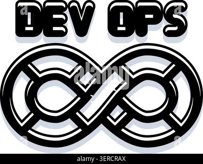 DevOps-Wortmarke mit einem Unendlichkeitssymbol, das den Workflow für kontinuierliche Integration und Bereitstellung darstellt. Betonung der Automatisierung. Kommunikation. Und Co Stock Vektor